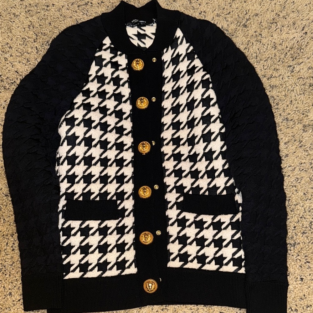 Balmain Black and White Houndstooth Cardigan with Gold Buttons